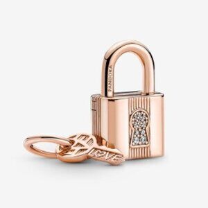 New Pandora S925 Rose Gold Authentic Padlock and Key Dangle Charm w/pouch